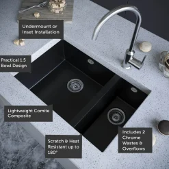 Vellamo Designer 1.5 Bowl Comite Composite Inset/Undermount Kitchen Sink & Waste - 670 x 440mm