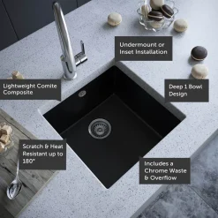 Vellamo Designer 1 Bowl Comite Composite Inset/Undermount Kitchen Sink & Waste - 440 x 440mm