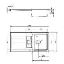 Vellamo Designer 1.5 Bowl Comite Composite Kitchen Sink & Waste with Reversible Drainer - 1000 x 500mm