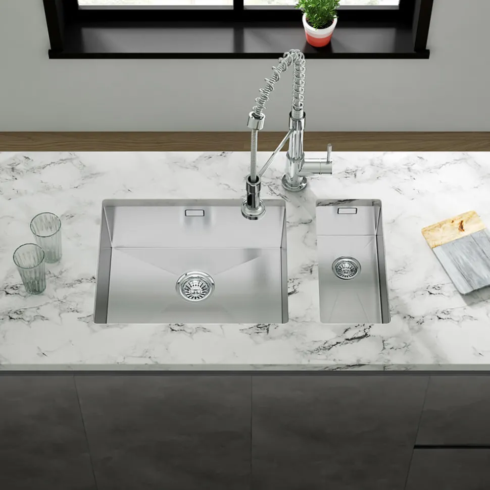 Vellamo Edge 0.5 Bowl Inset/Undermount Stainless Steel Kitchen Sink & Waste Kit - 210 x 430mm