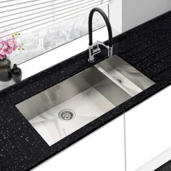 Vellamo Edge Extra Large 1.5 Bowl Inset/Undermount Brushed Stainless Steel Kitchen Sink & Waste with Left Hand Main Bowl - 890 x 430mm