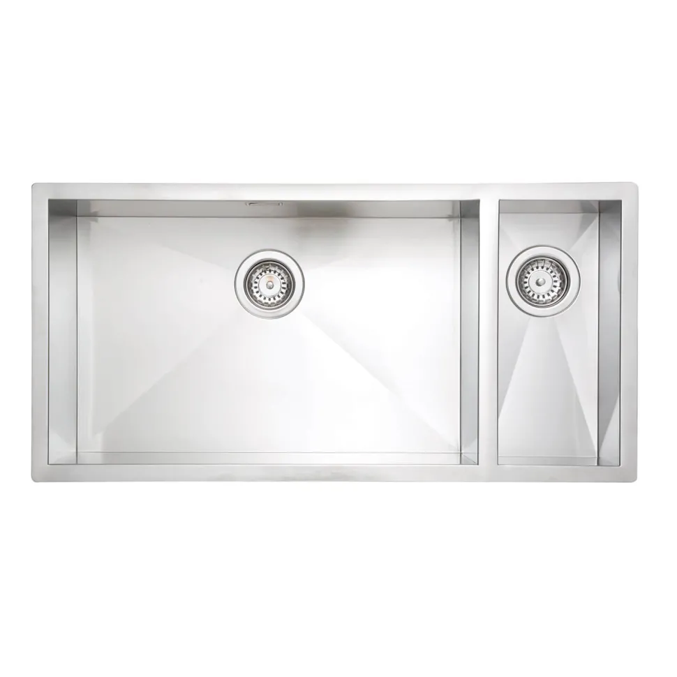 Vellamo Edge Extra Large 1.5 Bowl Inset/Undermount Brushed Stainless Steel Kitchen Sink & Waste with Left Hand Main Bowl - 890 x 430mm