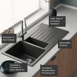 Vellamo Horizon 1.5 Bowl Granite Composite Kitchen Sink & Waste - 1000 x 500mm
