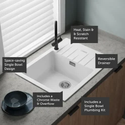 Vellamo Horizon 1 Bowl Granite Composite Inset Kitchen Sink & Waste - 650 x 500mm