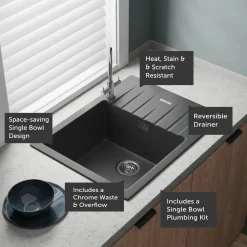 Vellamo Horizon 1 Bowl Granite Composite Inset Kitchen Sink & Waste - 650 x 500mm
