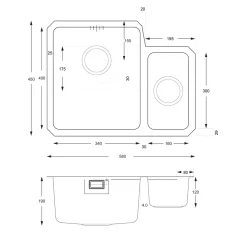 Vellamo Horizon 1.5 Bowl Undermount Stainless Steel Kitchen Sink & Waste Kit - 580 x 450mm