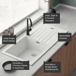 Vellamo Horizon Large Single Bowl Granite Composite Kitchen Sink & Waste - 1000 x 500mm