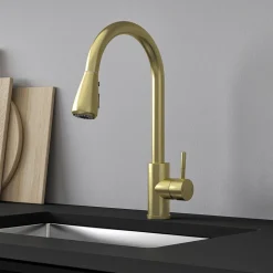 Vellamo Inspire Pull Out Spray Mono Kitchen Mixer Tap - Brushed Brass