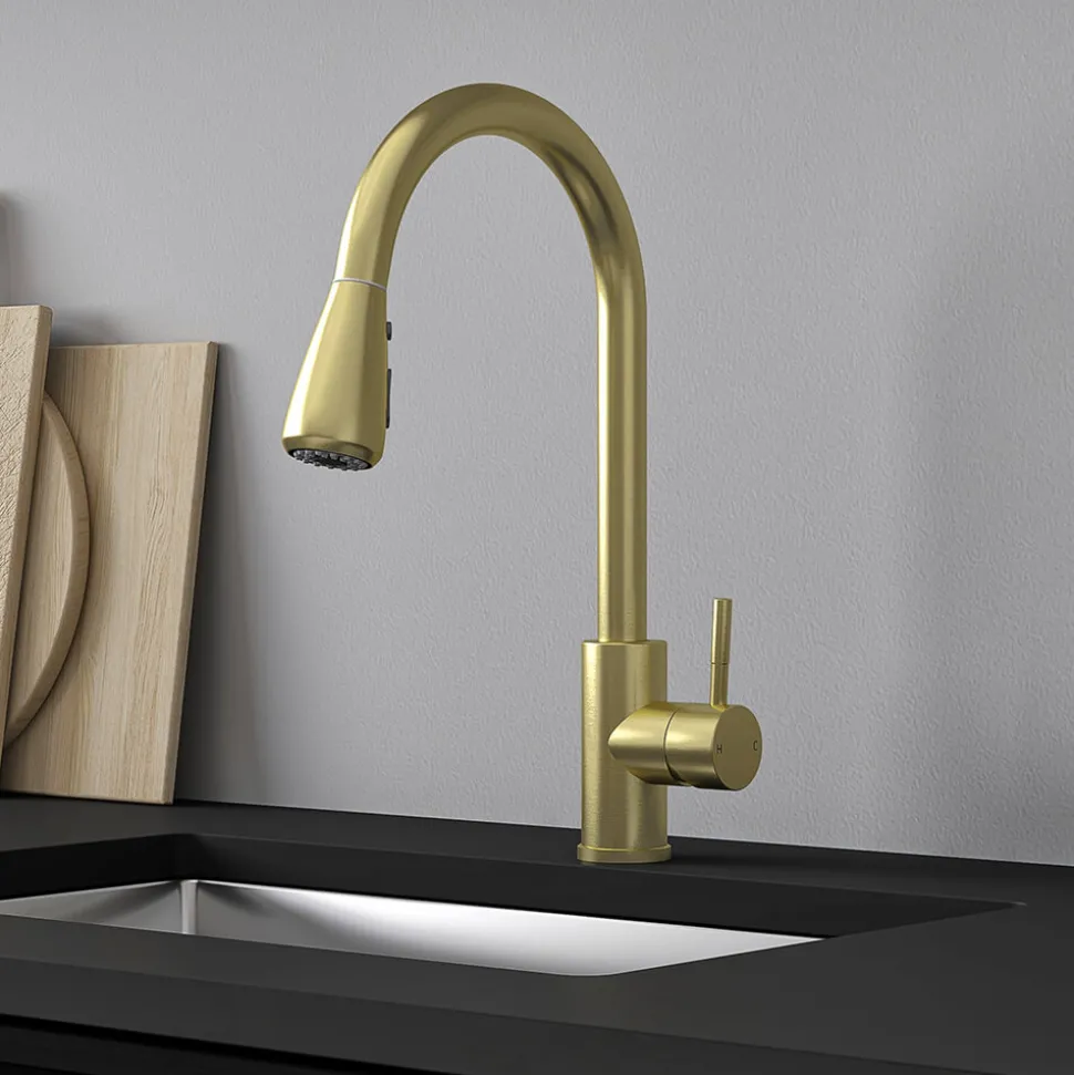Vellamo Inspire Pull Out Spray Mono Kitchen Mixer Tap - Brushed Brass