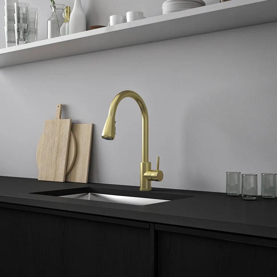 Vellamo Inspire Pull Out Spray Mono Kitchen Mixer Tap - Brushed Brass