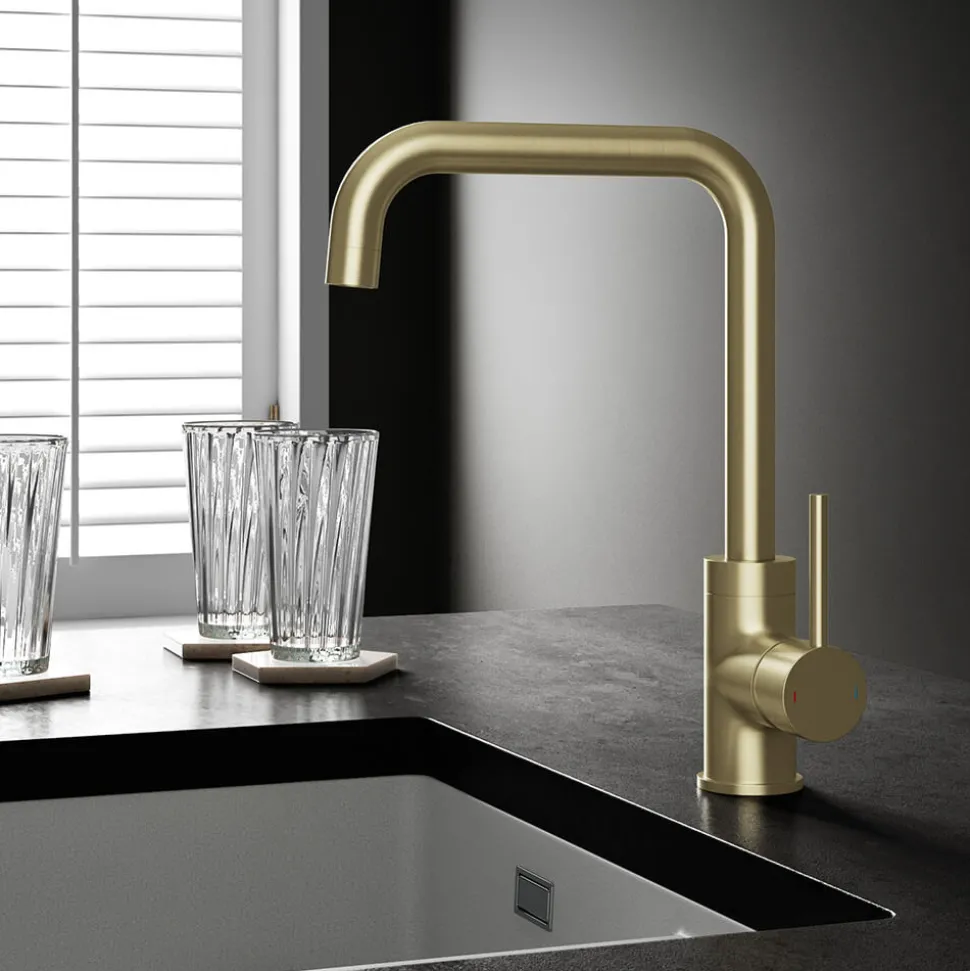 Vellamo Koro U Spout Single Lever Mono Kitchen Mixer Tap - Brushed Brass