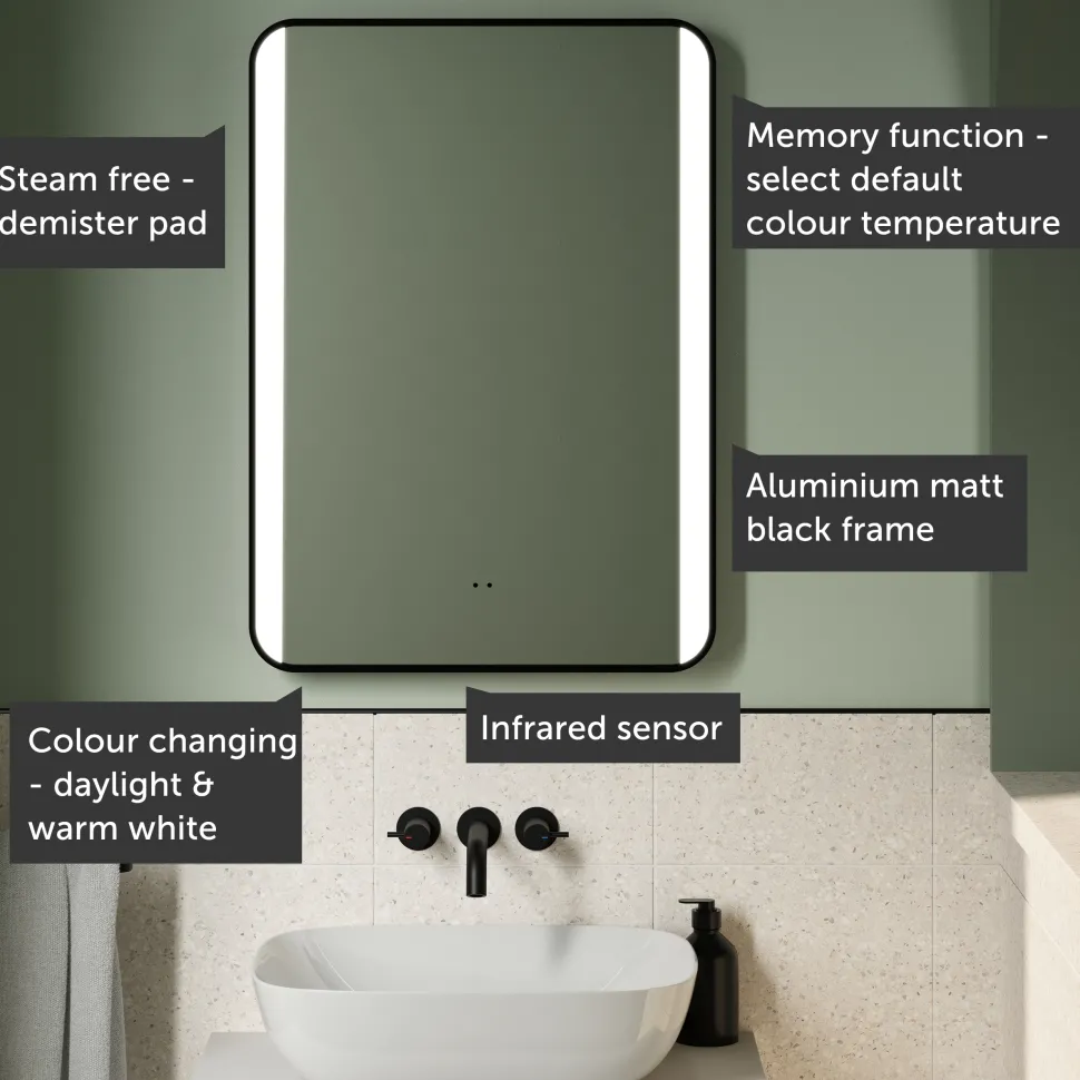 Vellamo LED Illuminated Matt Black Mirror with Demister Pad & Colour Change LEDs - 500 x 700mm