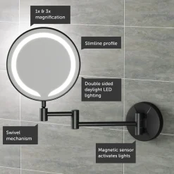 Vellamo LED Illuminated Round Magnifying Wall Mirror with Pull Out Magnetic Sensor - 200mm