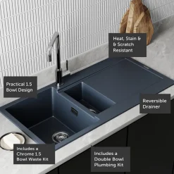 Vellamo Rocca 1.5 Bowl Granite Composite Inset Kitchen Sink & Waste - 1000 x 500mm