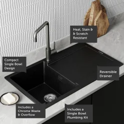 Vellamo Rocca Compact 1 Bowl Granite Composite Inset Kitchen Sink & Waste - 860 x 500mm