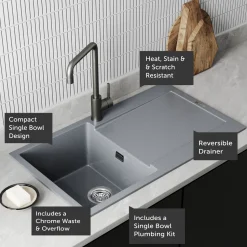 Vellamo Rocca Compact 1 Bowl Granite Composite Inset Kitchen Sink & Waste - 860 x 500mm