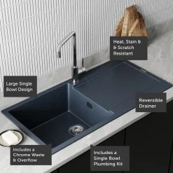 Vellamo Rocca Large 1 Bowl Granite Composite Inset Kitchen Sink & Waste - 1000 x 500mm