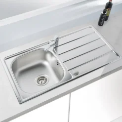 Vellamo Sunrise Compact 1 Bowl Satin Stainless Steel Kitchen Sink with Waste, Plumbing Kit & Reversible Drainer - 860 x 500mm