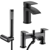 Vellamo Swift Matt Black Basin Mixer Tap & Waste and Bath Shower Mixer Tap with Shower Kit