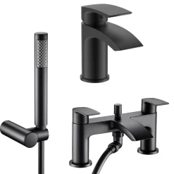 Vellamo Swift Matt Black Basin Mixer Tap & Waste and Bath Shower Mixer Tap with Shower Kit