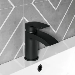 Vellamo Swift Matt Black Basin Mixer Tap & Waste and Bath Shower Mixer Tap with Shower Kit