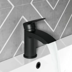 Vellamo Swift Matt Black Basin Mixer Tap & Waste and Bath Shower Mixer Tap with Shower Kit