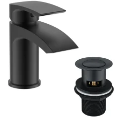 Vellamo Swift Matt Black Mini Basin Mixer Tap & Clicker Waste