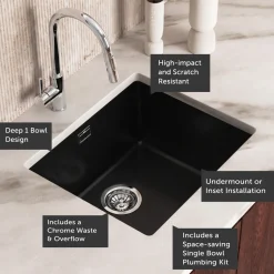 Vellamo Terra 1 Bowl Granite Composite Inset / Undermount Kitchen Sink & Waste - 533 x 457mm