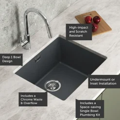 Vellamo Terra 1 Bowl Granite Composite Inset / Undermount Kitchen Sink & Waste - 533 x 457mm