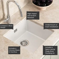 Vellamo Terra 1 Bowl Granite Composite Inset or Undermount Kitchen Sink & Waste - 430 x 460mm