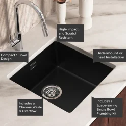 Vellamo Terra 1 Bowl Granite Composite Inset or Undermount Kitchen Sink & Waste - 430 x 460mm