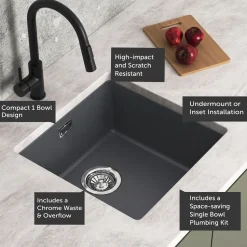 Vellamo Terra 1 Bowl Granite Composite Inset or Undermount Kitchen Sink & Waste - 430 x 460mm