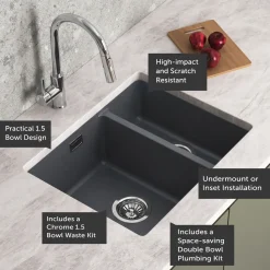 Vellamo Terra 1.5 Bowl Granite Composite Inset/Undermount Kitchen Sink & Waste Kit - 555 x 460mm