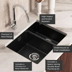 Vellamo Terra 1.5 Bowl Granite Composite Inset/Undermount Kitchen Sink & Waste Kit - 555 x 460mm