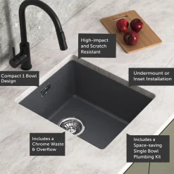 Vellamo Terra Compact 1 Bowl Granite Composite Inset or Undermount Kitchen Sink & Waste - 370 x 460mm