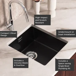 Vellamo Terra Compact 1 Bowl Granite Composite Inset or Undermount Kitchen Sink & Waste - 370 x 460mm