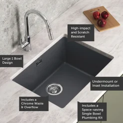 Vellamo Terra Large 1 Bowl Granite Composite Inset / Undermount Kitchen Sink & Waste - 610 x 460mm