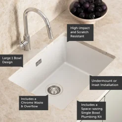 Vellamo Terra Large 1 Bowl Granite Composite Inset / Undermount Kitchen Sink & Waste - 610 x 460mm