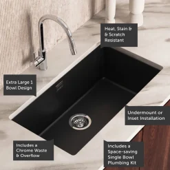Vellamo Terra XL 1 Bowl Granite Composite Inset / Undermount Kitchen Sink & Waste - 774 x 434mm