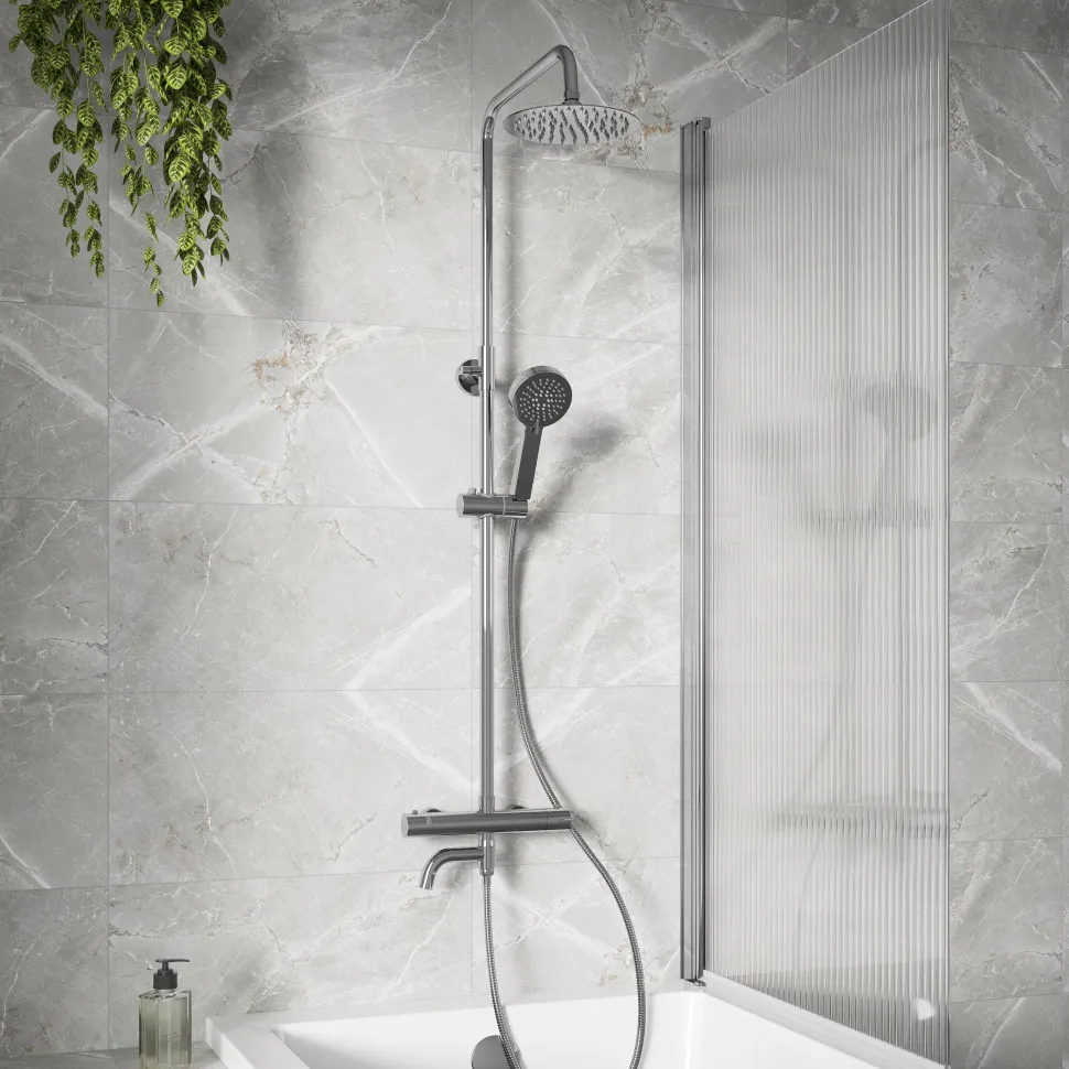 Vellamo Twist Exposed 3 Outlet Rigid Riser Thermostatic Shower Set with Integrated Bath Spout