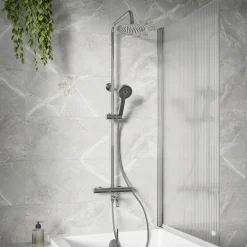 Vellamo Twist Exposed 3 Outlet Rigid Riser Thermostatic Shower Set with Integrated Bath Spout