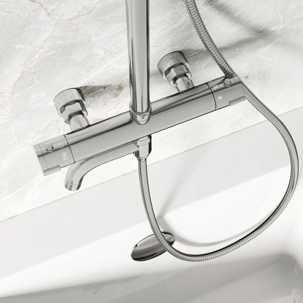 Vellamo Twist Exposed 3 Outlet Rigid Riser Thermostatic Shower Set with Integrated Bath Spout