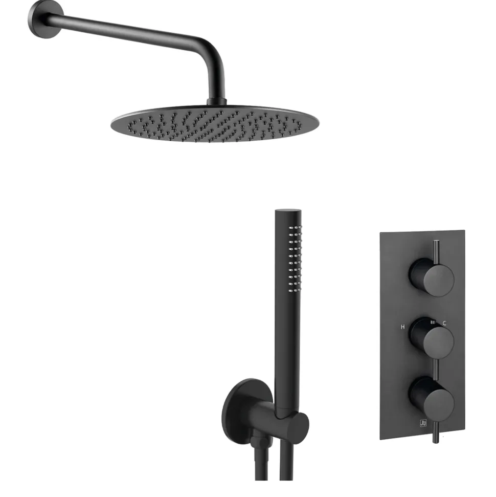 VOS Concealed Dual Outlet 3 Handle Shower Valve, Fixed Head & Shower Handset Kit