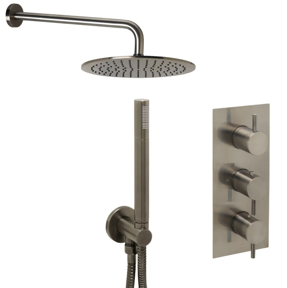 VOS Concealed Dual Outlet 3 Handle Shower Valve, Fixed Head & Shower Handset Kit