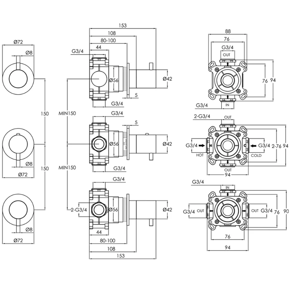VOS Modular 3 Outlet Concealed Thermostatic Shower Valve - 3 Handles