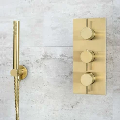 VOS Round Water Outlet & Holder with Metal Hose & Slim Hand Shower- Brushed Brass