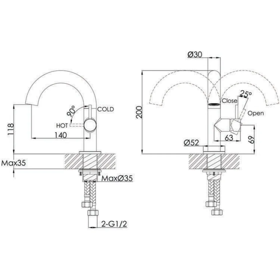 VOS Side Lever Mono Basin Mixer Tap with Swivel Spout