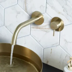 VOS Single Lever Wall Mounted Basin Mixer Tap - Brushed Brass