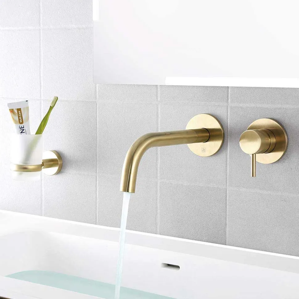 VOS Single Lever Wall Mounted Basin Mixer Tap - Brushed Brass