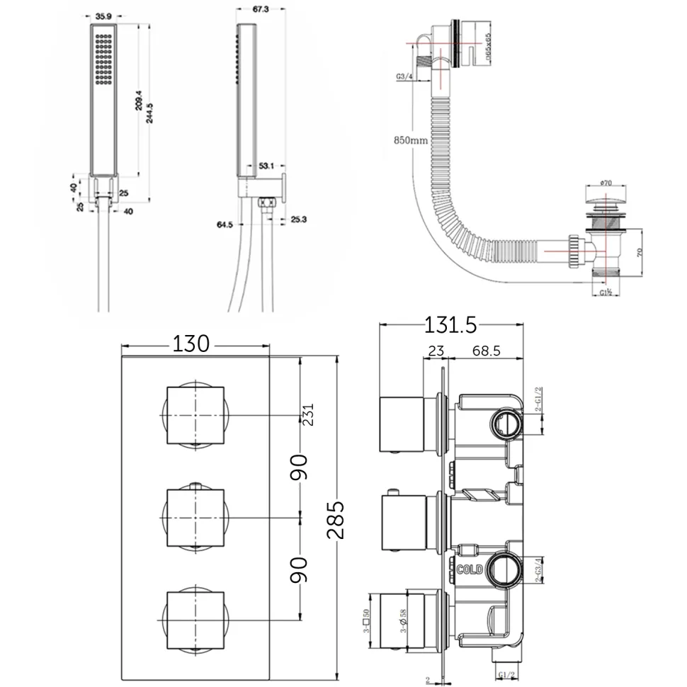 Zane Concealed Shower Valve, Fixed Shower Head, Handset & Overflow Bath Filler